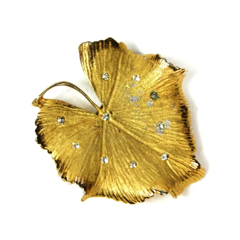 Vintage Coro Gold-Tone Textured Leaf Brooch 2x2 Rhinestone Statement Pin Signed